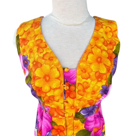 VTG Hawaiian Togs Barkcloth Tiki Mini Dress Bright Colorful Hibiscus Plumeria XS - Picture 6 of 16